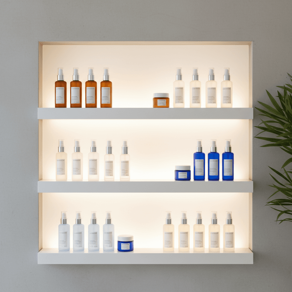 Professional skincare products arranged neatly on a clinic shelf