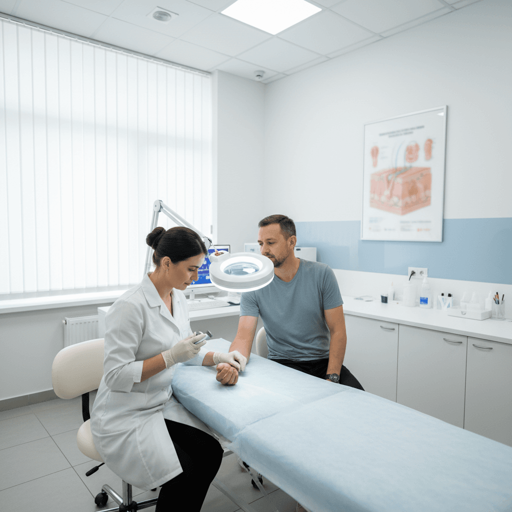 Cosmetologist examining client's skin with professional lamp in modern salon