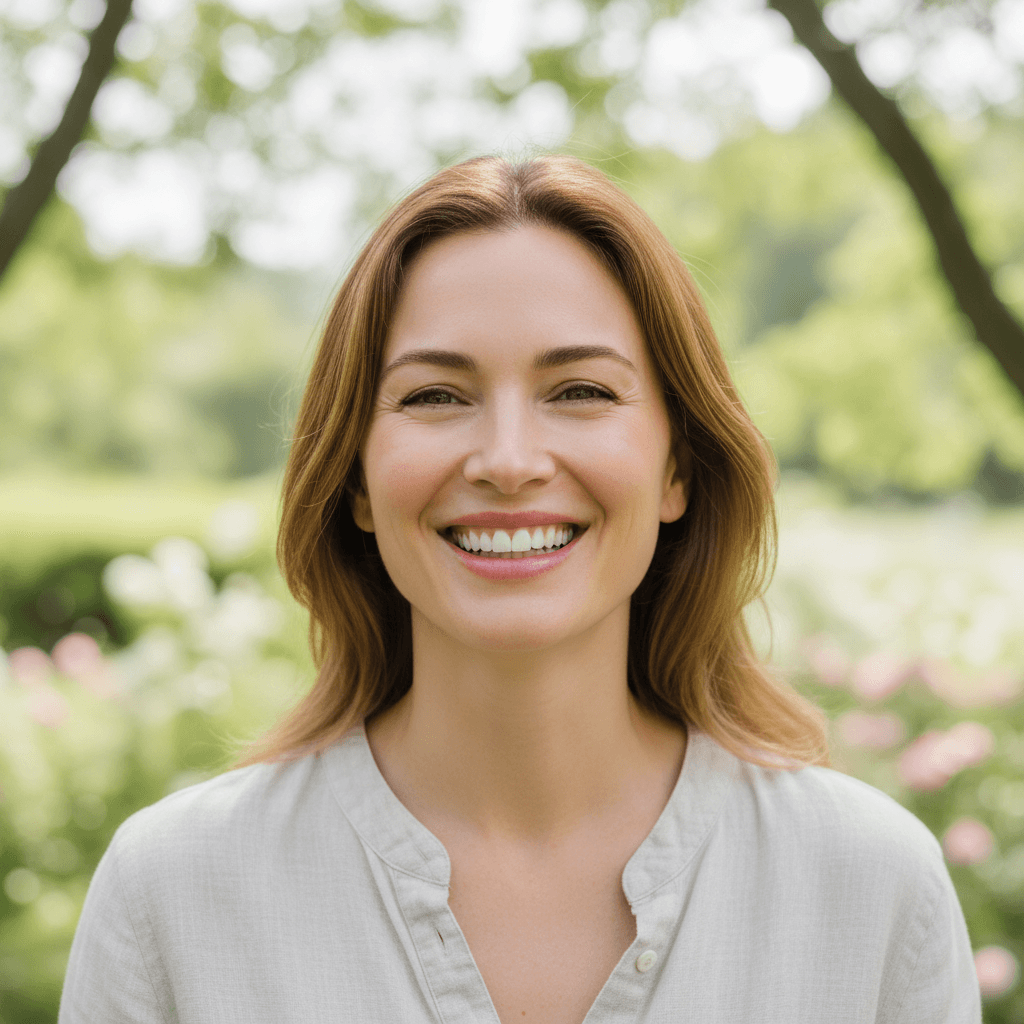 Woman with clear, healthy skin smiling softly in natural daylight