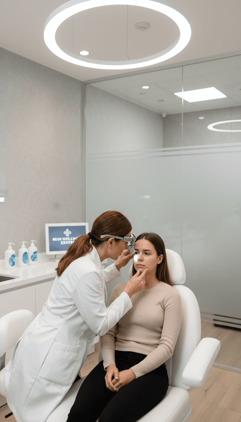 Skin specialist examining acne on a client's face in a modern clinic