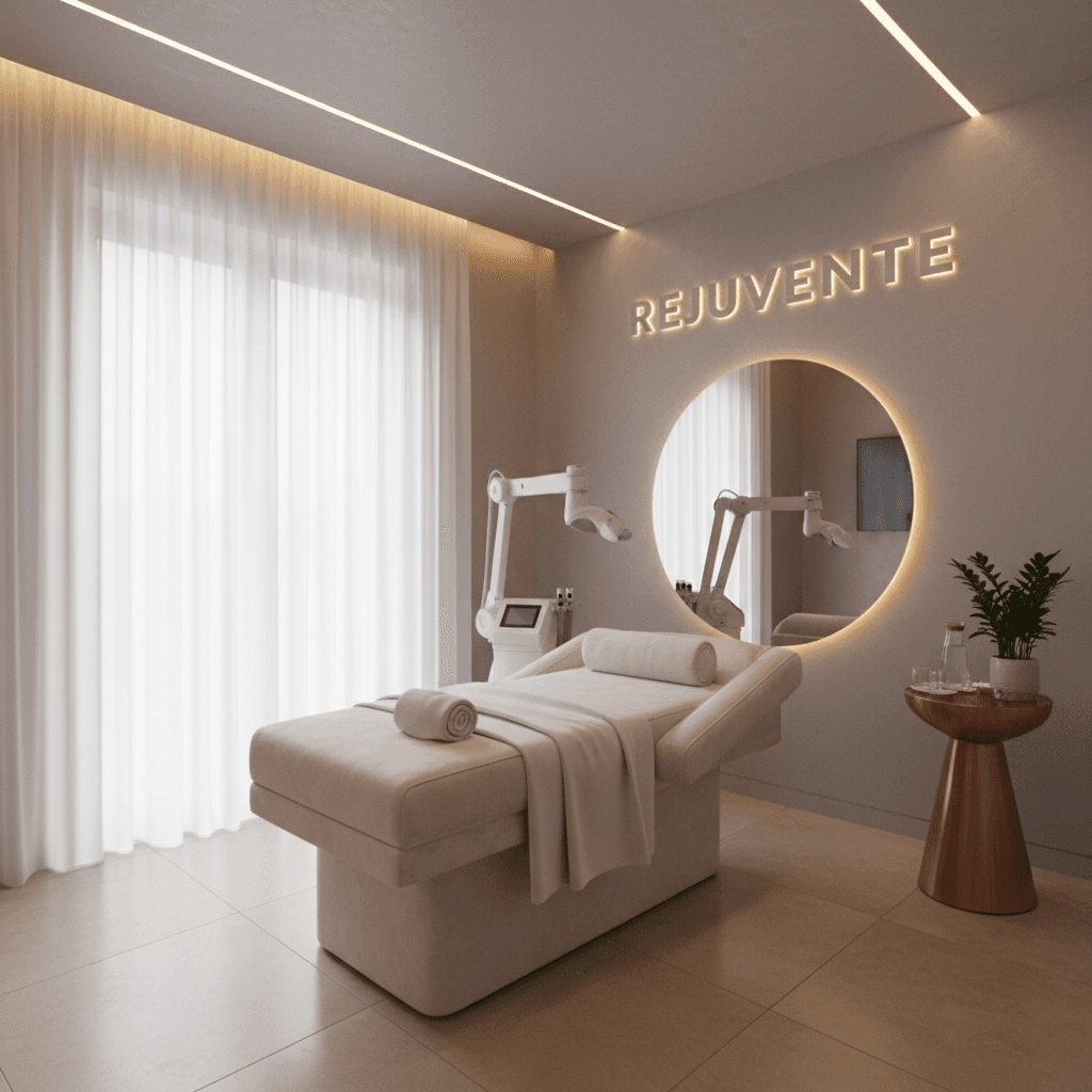 Modern cosmetology clinic interior with treatment bed and calm lighting