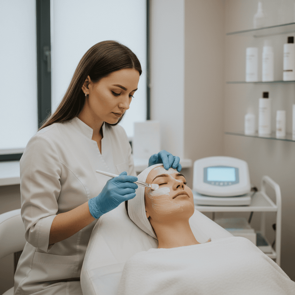 Cosmetologist gently applying treatment to client's face in bright salon
